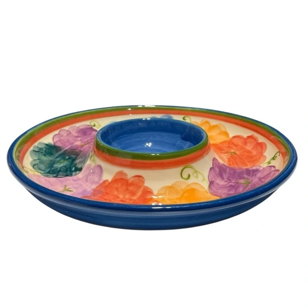 Vintage L. PIERCE Hand painted  Floral Pottery dip platter Signed, colorful 12”